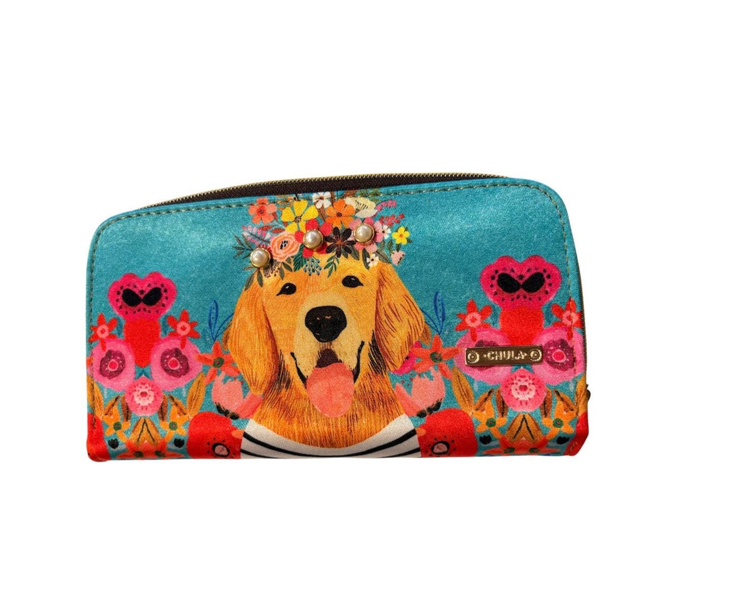 Billetera Doble Cierre Perrito Azul y flores